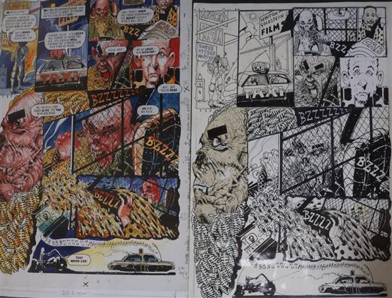 John Hicklenton (1967-2010). Original artwork in full colour, with acetate text overlay, for Judge Dredd,
